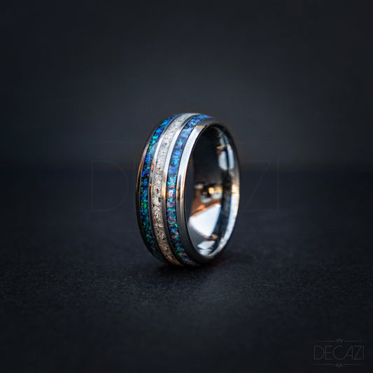 Eeuwige Rijkdom: Zilverkleurige Tungsten Ring met Blauw/Paarse Opaal en As 8 mm